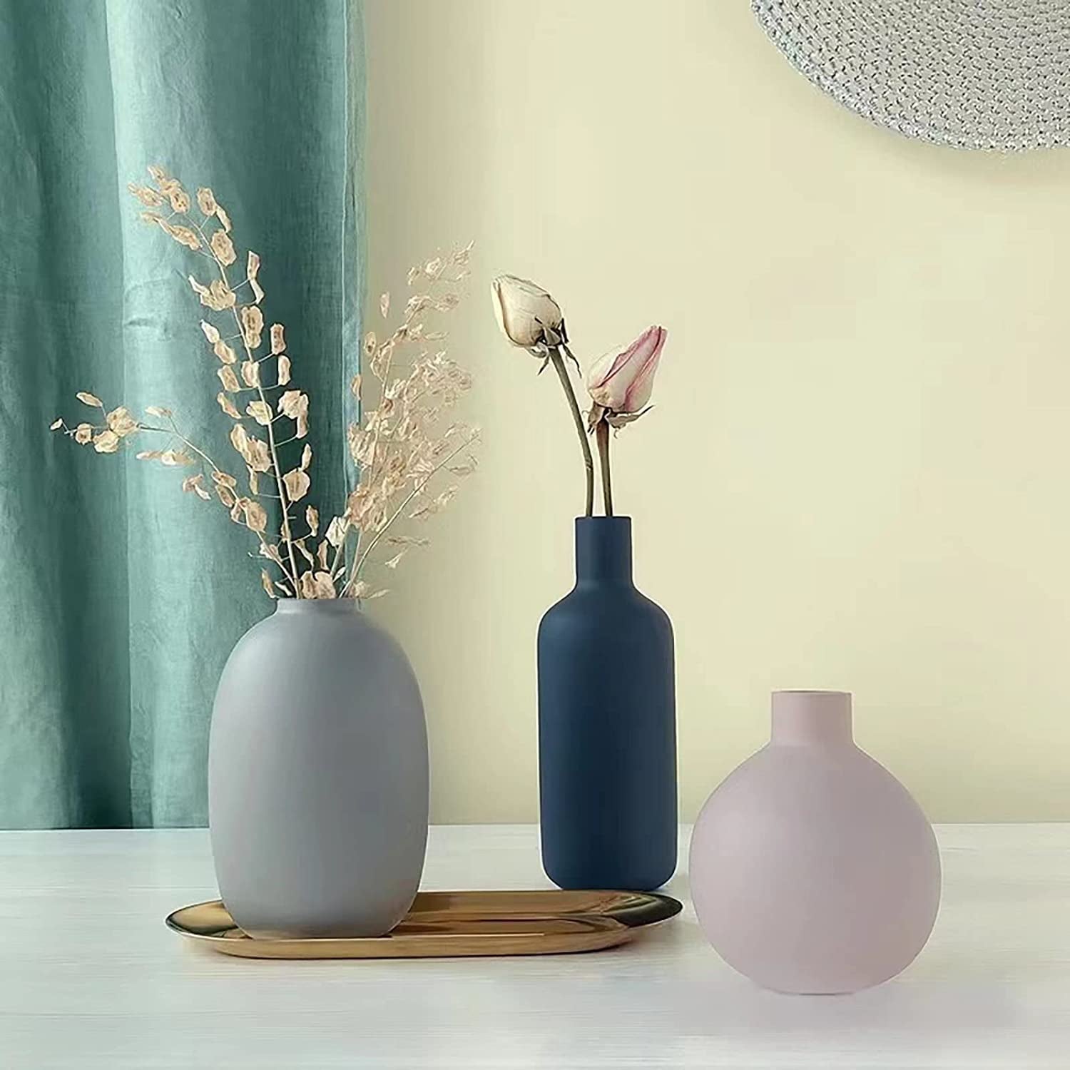 Ceramic Modern Farmhouse Vase , Neutral Small for Table, Living Room, Shelf, Bookshelf and Entryway Décor, Set of 3