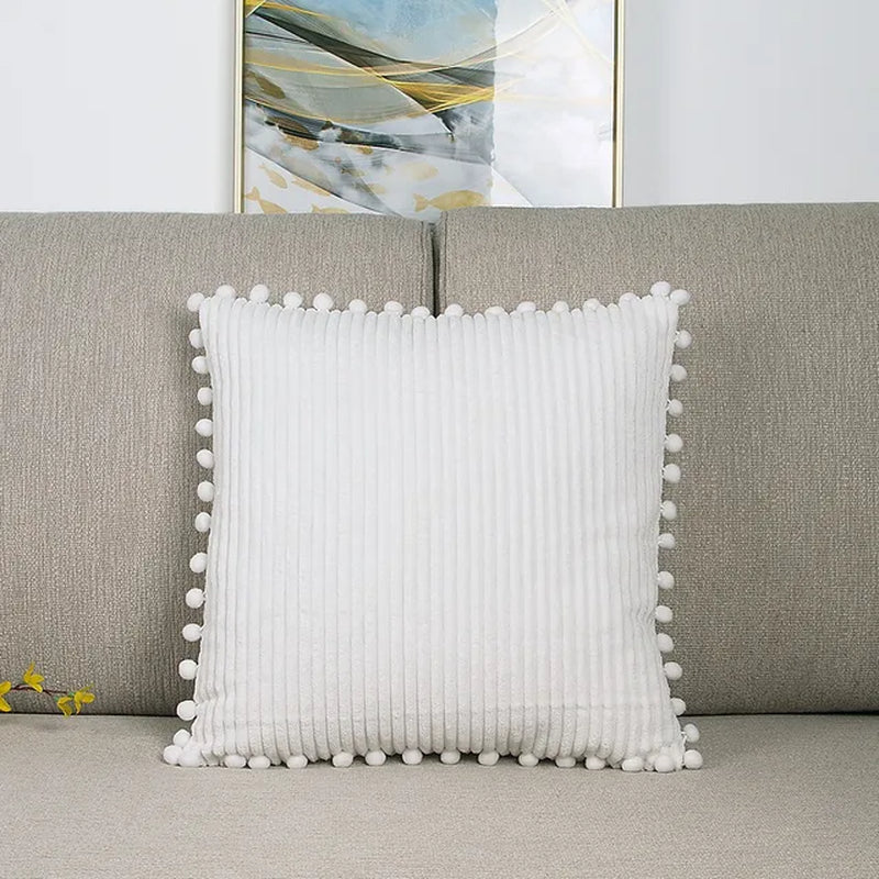 1 Pc Corduroy Decorative Throw Pillow Covers Pom-Pom Soft Boho Striped Pillow Covers Modern Farmhouse Home Decor