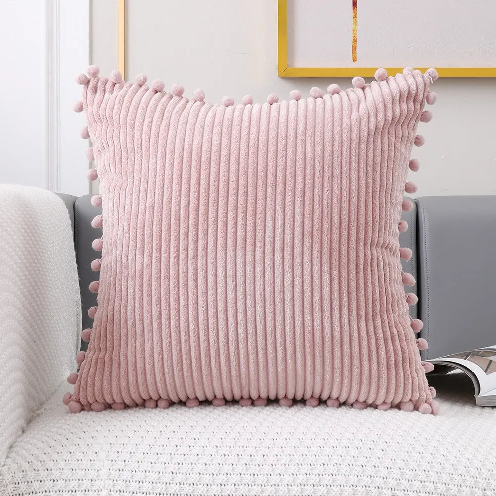 1 Pc Corduroy Decorative Throw Pillow Covers Pom-Pom Soft Boho Striped Pillow Covers Modern Farmhouse Home Decor