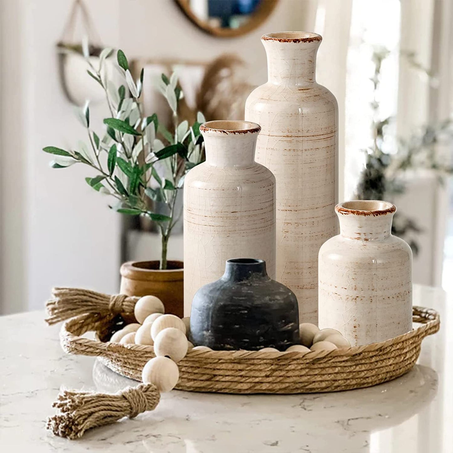 Ceramic Vase for Decor Set of 3 Small Vases, Vases for Rustic Home Decor Accent, Modern Farmhouse Vase Sets for Living Room Decorations, Ideal Shelf Décor, Table, Bookshelf, Entryway