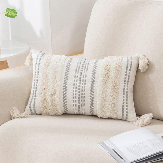 Decorative Boho Throw Pillow Covers 12X20, Lumbar Accent Neutral Tufted Pillow Covers for Couch Bed Sofa, Textured Striped Woven Pillow Covers, Beige and Cream White, Pack of 1