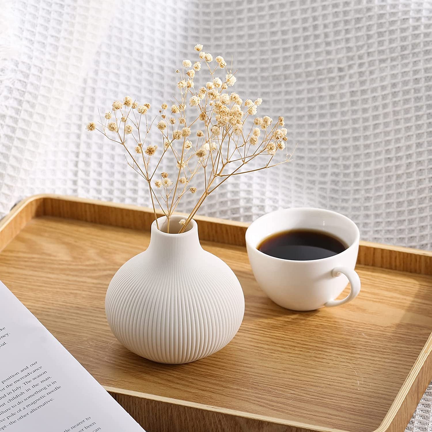 Modern Minimalist White Ceramic Decor Vase Set of 3, Neutral Small Ribbed Vases for Table, Shelf, Bookshelf, and Entryway