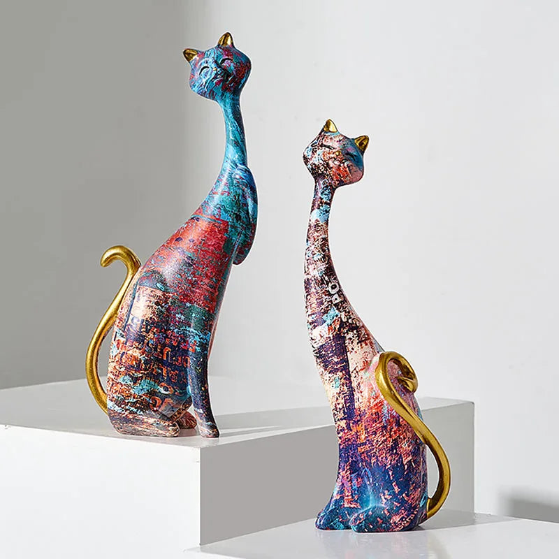 Resin Painted Graffiti Lovers Cat Figurines Couple Animal Ornaments European Home Interior Study Bedroom Decor Items