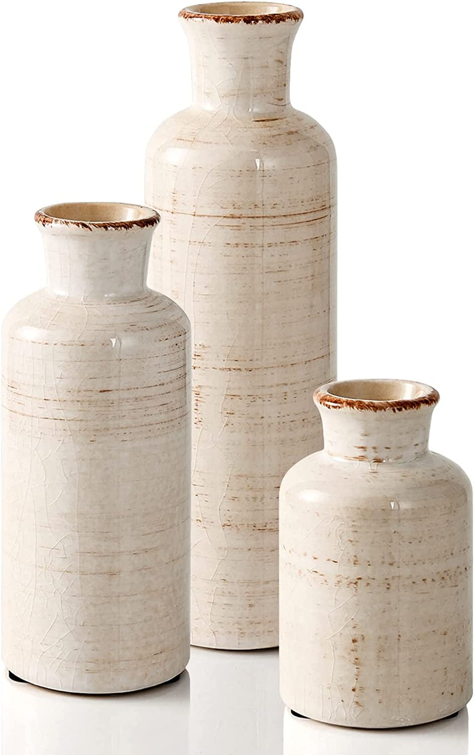 Ceramic Vase for Decor Set of 3 Small Vases, Vases for Rustic Home Decor Accent, Modern Farmhouse Vase Sets for Living Room Decorations, Ideal Shelf Décor, Table, Bookshelf, Entryway