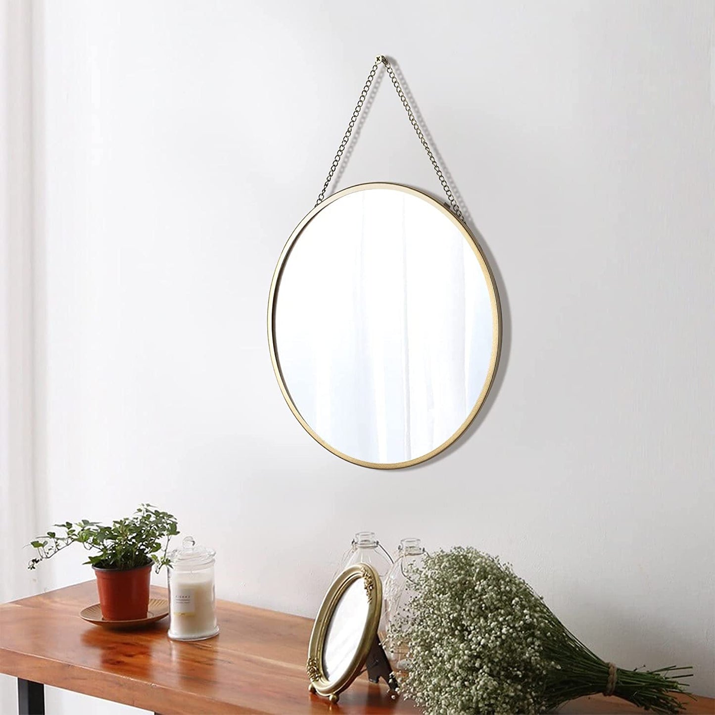 Hanging Circle Mirror Wall Decor Gold round Mirror with Hanging Chain for Bathroom, Bedroom, Vanity, Living Room, Entryway, 10 Inch X 10 Inch