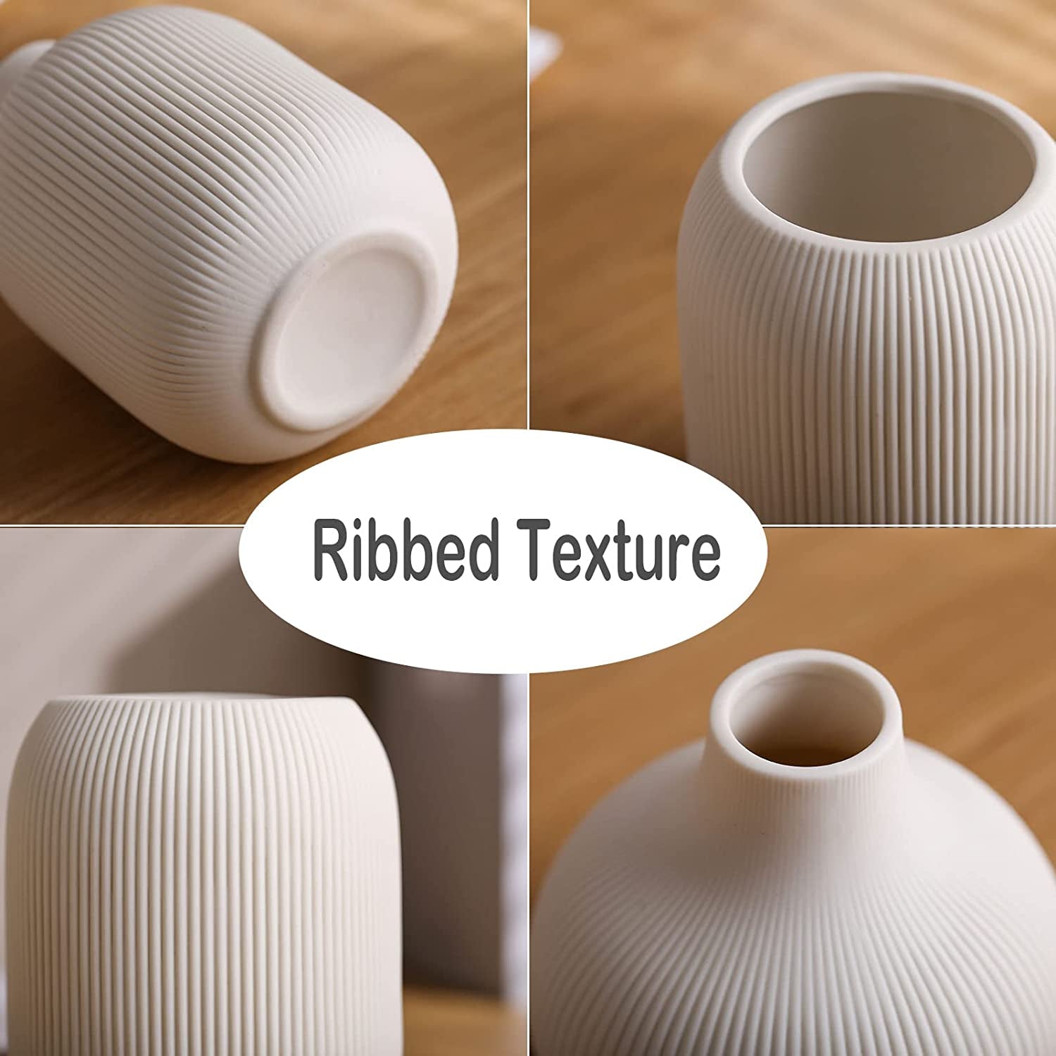Modern Minimalist White Ceramic Decor Vase Set of 3, Neutral Small Ribbed Vases for Table, Shelf, Bookshelf, and Entryway